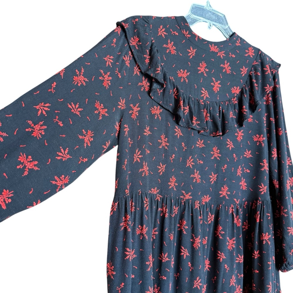 Zara Black Red Floral Ruffle Tiered Mini Dress Long Sleeve Size M - Picture 7 of 14